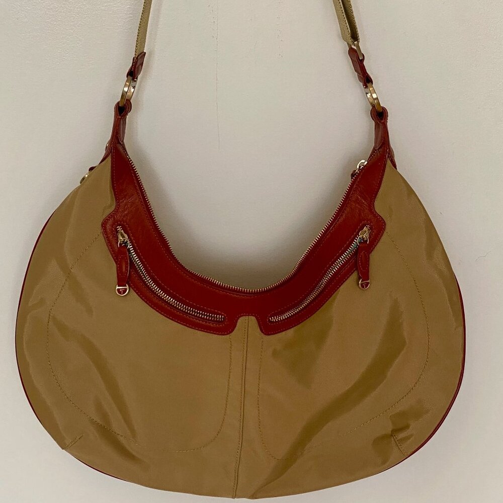 TUMI Tan Nylon Hobo Bag with Red Leather Trim (NWOT)